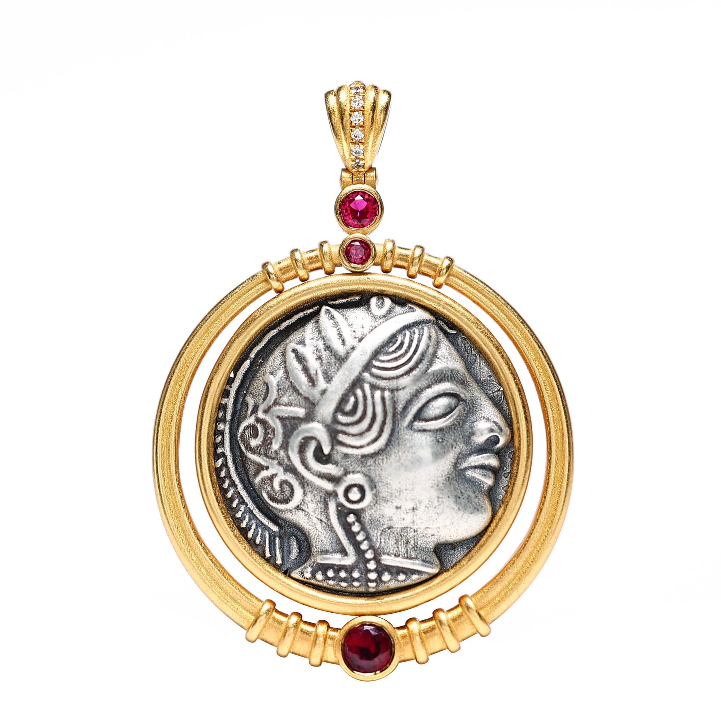 Micro-setting Ruby color two-sided ancient coins Goddess of wisdom Athena necklace, sterling silver