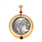 Micro-setting Ruby color two-sided ancient coins Goddess of wisdom Athena necklace, sterling silver