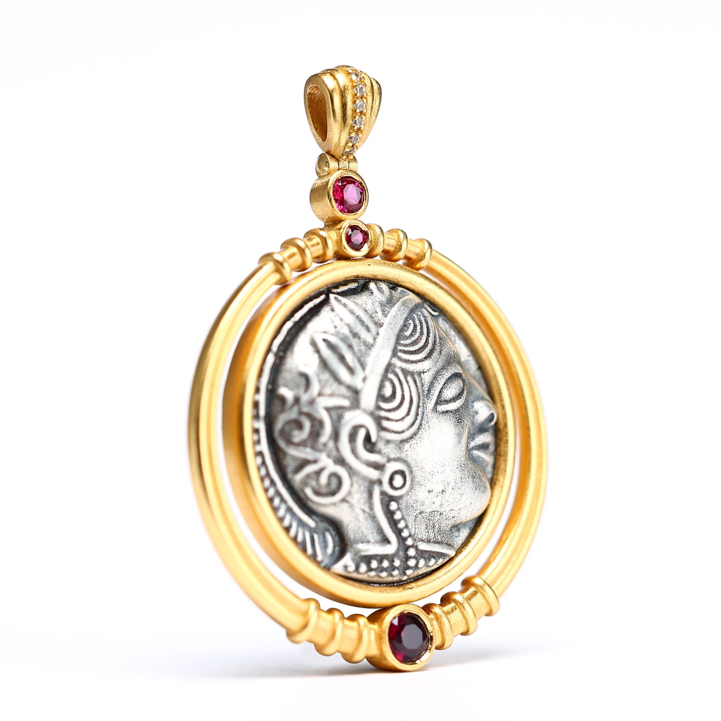 Micro-setting Ruby color two-sided ancient coins Goddess of wisdom Athena necklace, sterling silver