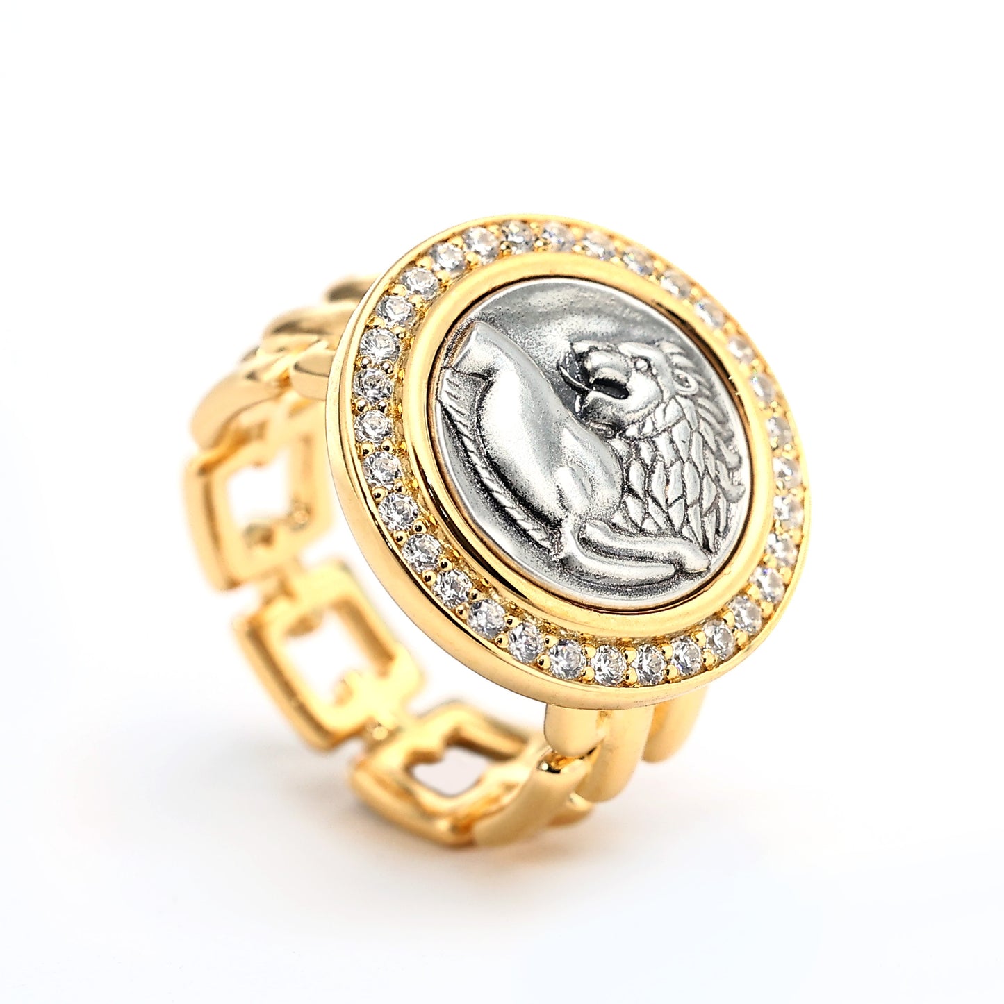 Micro-setting two-sided ancient coin Look back Lion ring,  sterling silver