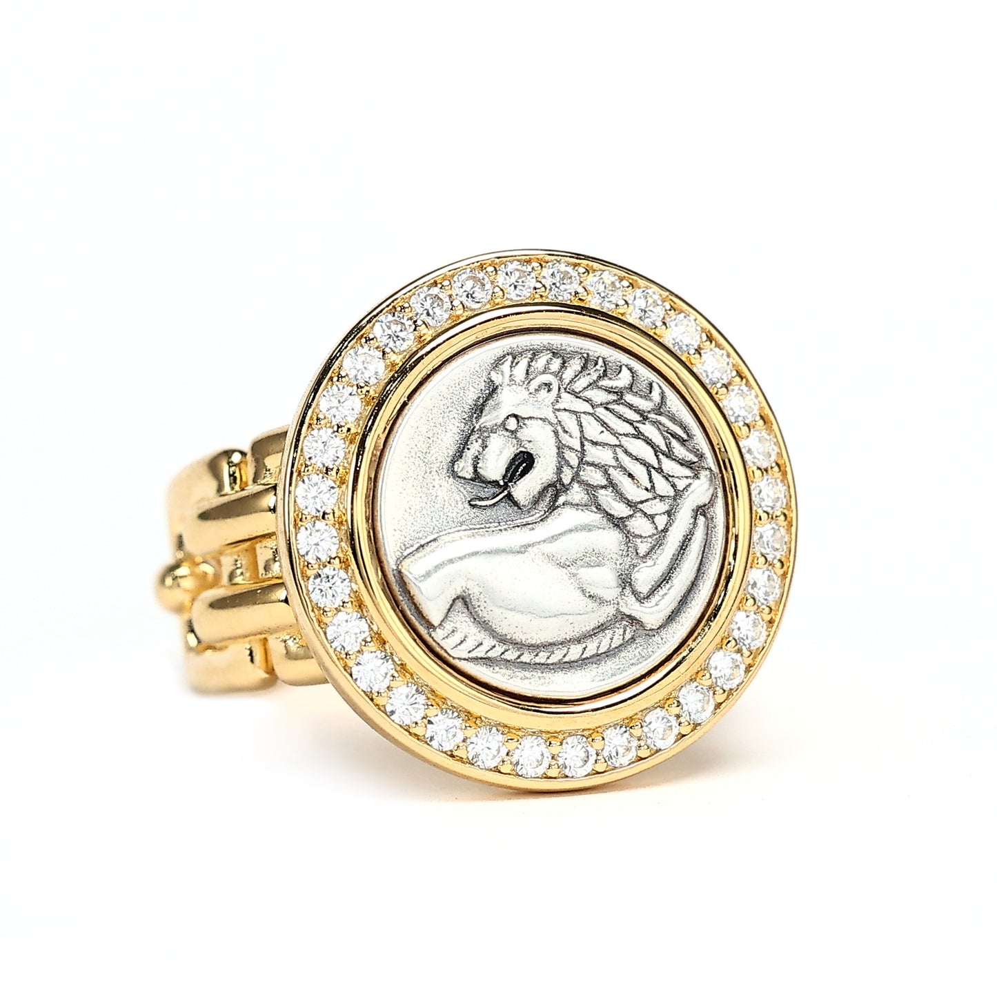 Micro-setting two-sided ancient coin Look back Lion ring,  sterling silver