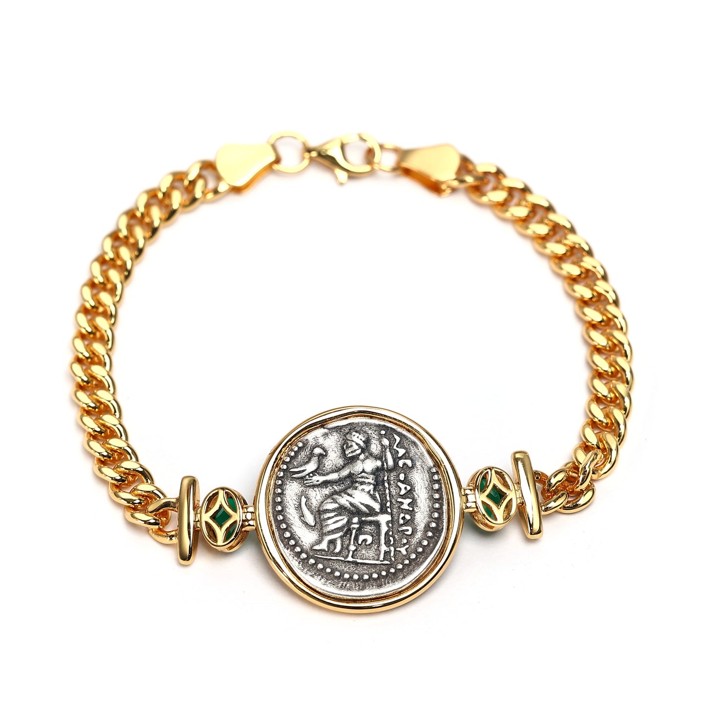 Micro-setting Lab created stones two-sided ancient coins Hercules tank bracelet, sterling silver