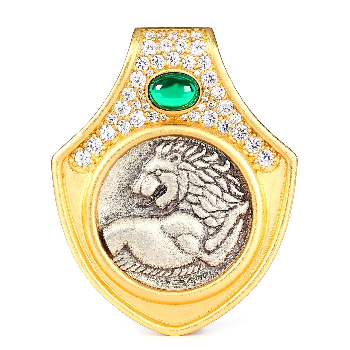 Pièce ancienne à deux faces micro-sertie Pierres créées par le laboratoire Regarde en arrière Pendentif Lion Le bouclier, argent sterling 
