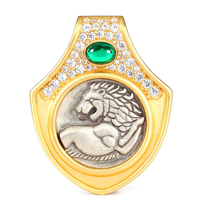 Pièce ancienne à deux faces micro-sertie Pierres créées par le laboratoire Regarde en arrière Pendentif Lion Le bouclier, argent sterling 