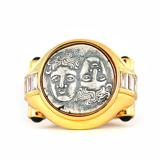 Micro-setting two-sided ancient coin Lab created stones Moses Gemini ring, sterling silver