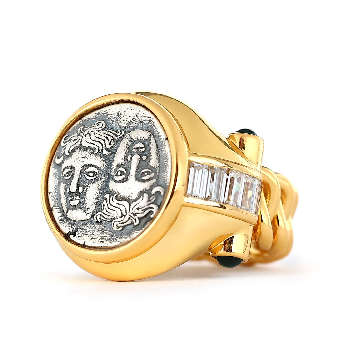 Mikrogefasster, zweiseitiger, antiker Münze Lab erstellte Steine ​​Moses-Gemini-Ring, Sterlingsilber 