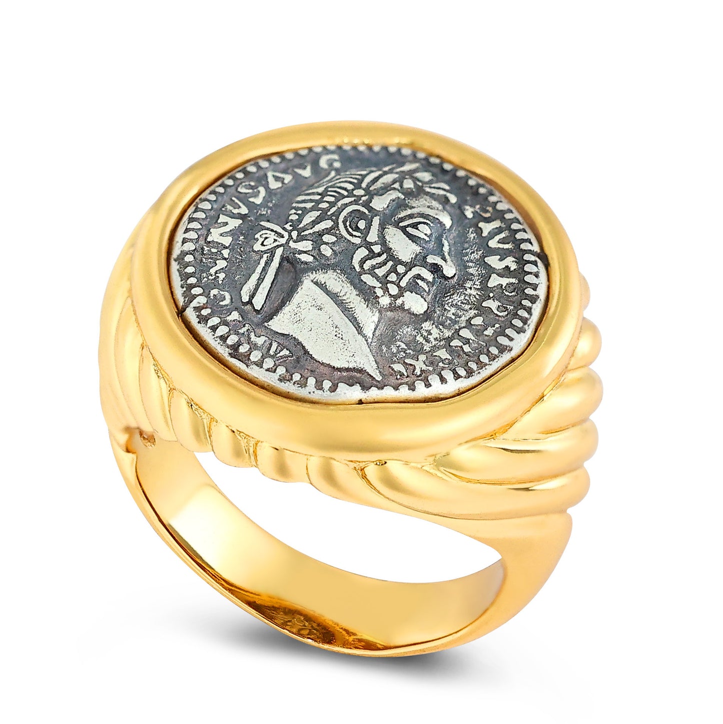 Two-sided ancient coin Greek god Anthony ring, sterling silver