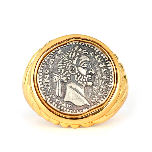 Two-sided ancient coin Greek god Anthony ring, sterling silver