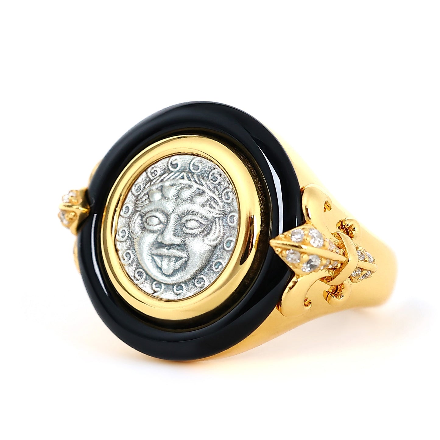 Mikrogefasster zweiseitiger Medusa-Ring mit antiker Münze aus schwarzem Achat, Sterlingsilber 
