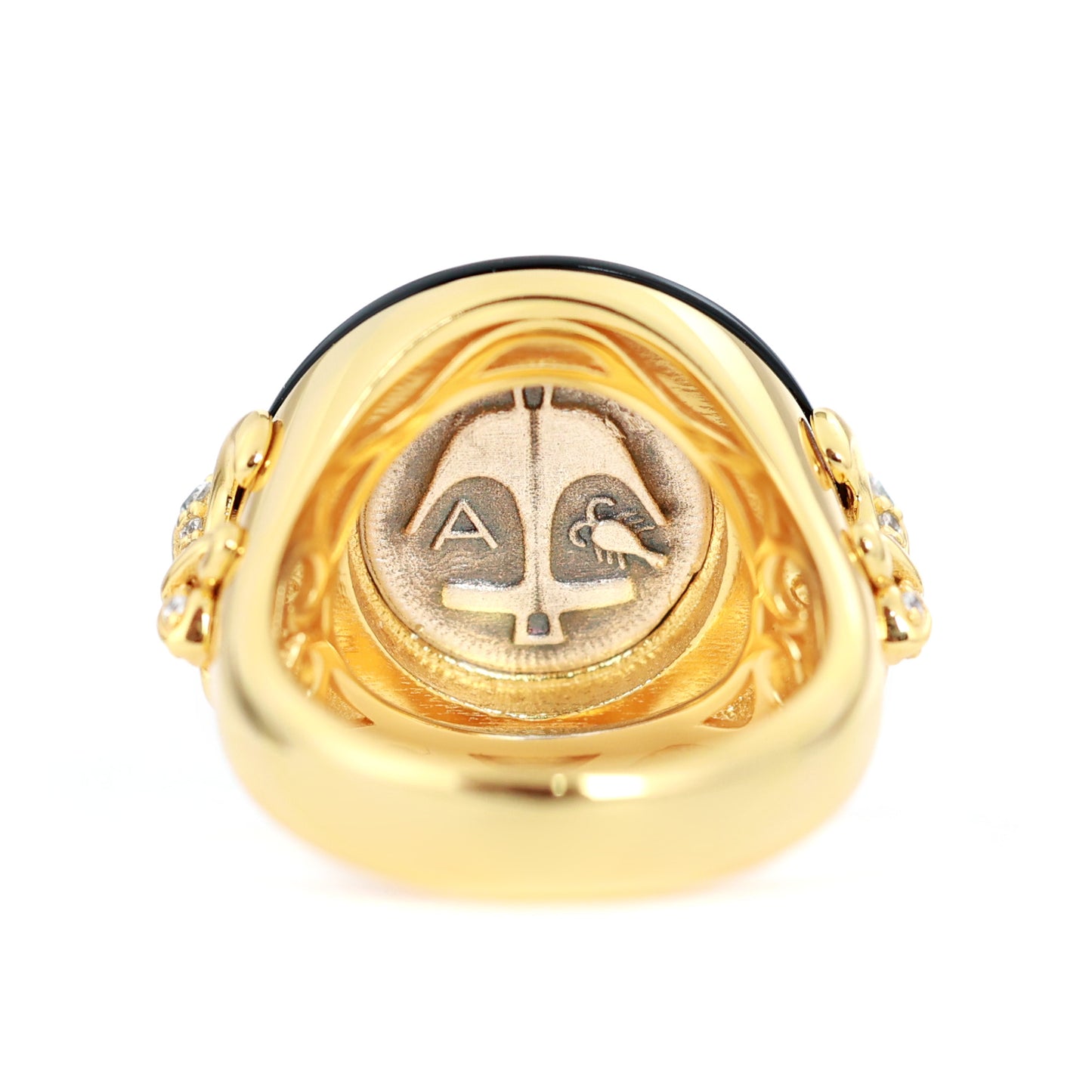 Micro-setting two-sided ancient coin black agate Medusa ring, sterling silver