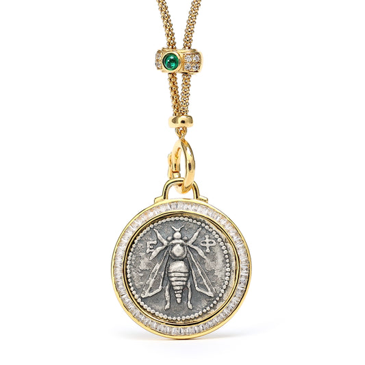 Pièce antique recto-verso micro-sertie Déesse de la Lune et pendentif abeille, argent sterling