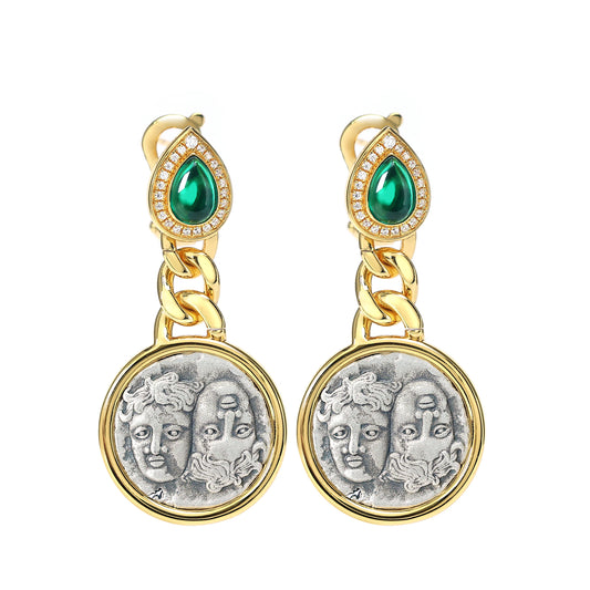 Micro-setting two-sided ancient coin Lab created stones Moses Gemini earrings, sterling silver.