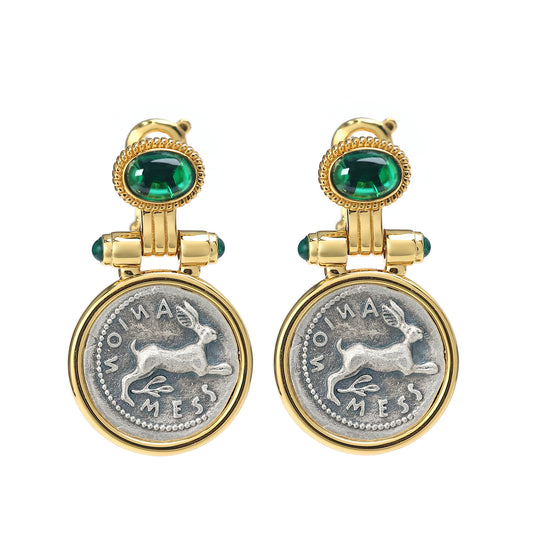 Micro-setting two-sided ancient coin Peter rabbit earrings, sterling silver.