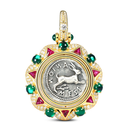 Pièce antique recto-verso à micro-sertissage Pendentif rotation Pierre Lapin, argent sterling.