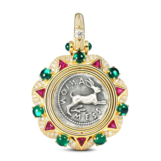 Pièce antique recto-verso à micro-sertissage Pendentif rotation Pierre Lapin, argent sterling.