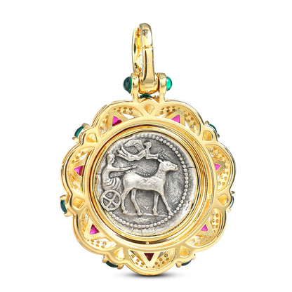 Pièce antique recto-verso à micro-sertissage Pendentif rotation Pierre Lapin, argent sterling.