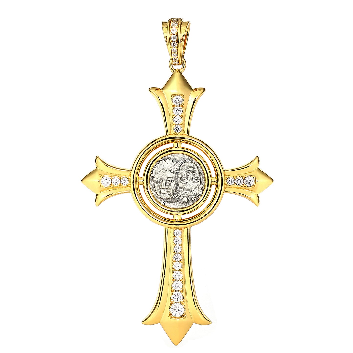 Pièces antiques recto-verso micro-serties Pendentif croix de Moïse Gémeaux, argent sterling