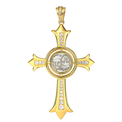 Pièces antiques recto-verso micro-serties Pendentif croix de Moïse Gémeaux, argent sterling