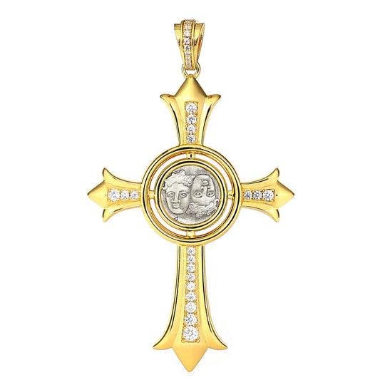 Pièces antiques recto-verso micro-serties Pendentif croix de Moïse Gémeaux, argent sterling