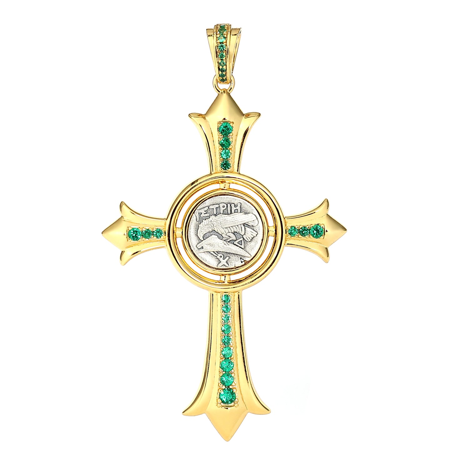 Pièces antiques recto-verso micro-serties Pendentif croix de Moïse Gémeaux, argent sterling
