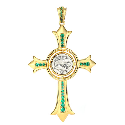 Pièces antiques recto-verso micro-serties Pendentif croix de Moïse Gémeaux, argent sterling
