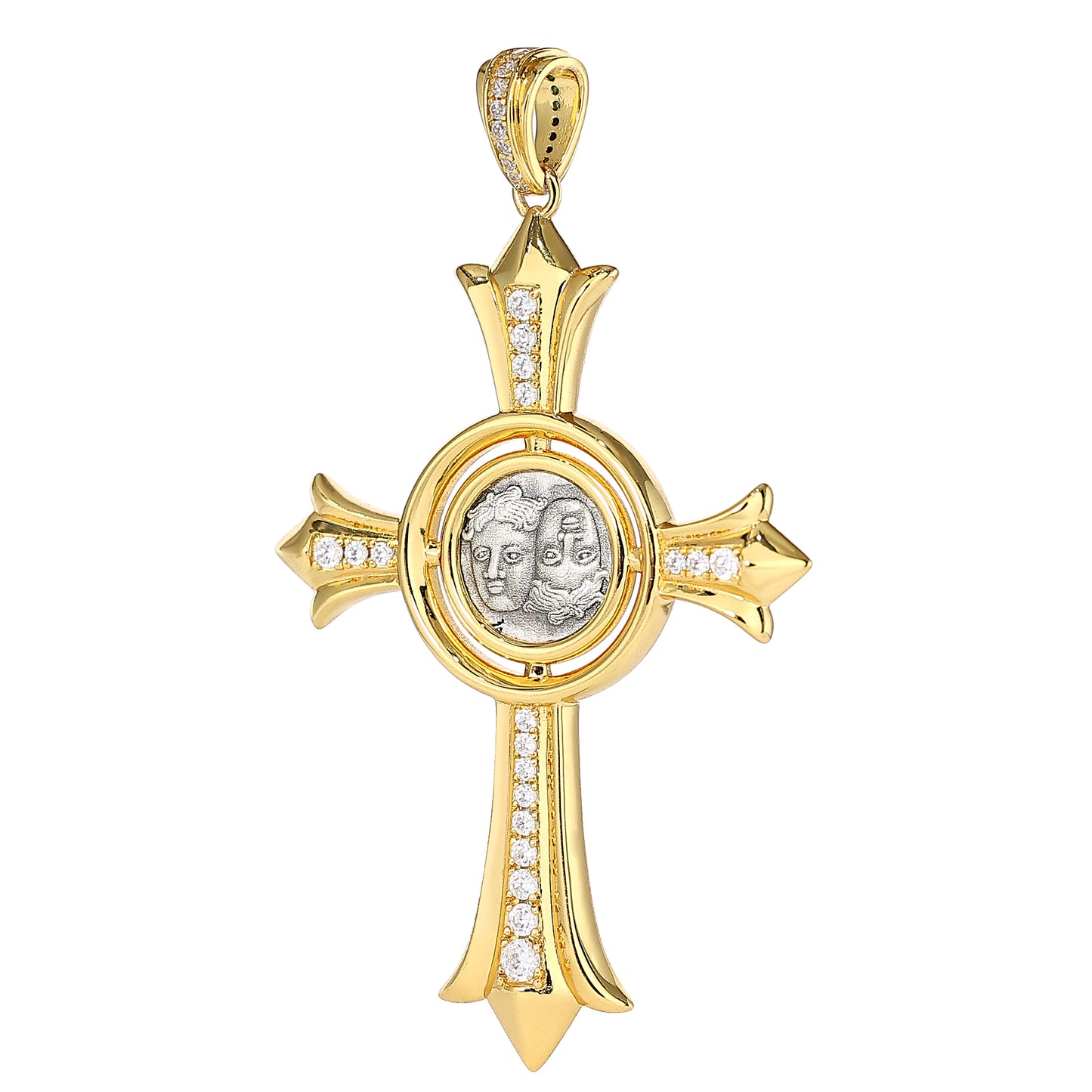Pièces antiques recto-verso micro-serties Pendentif croix de Moïse Gémeaux, argent sterling