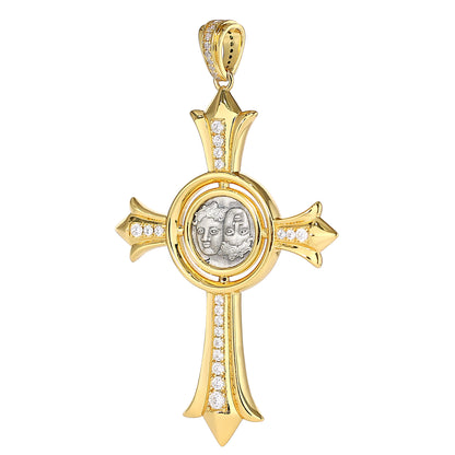 Pièces antiques recto-verso micro-serties Pendentif croix de Moïse Gémeaux, argent sterling