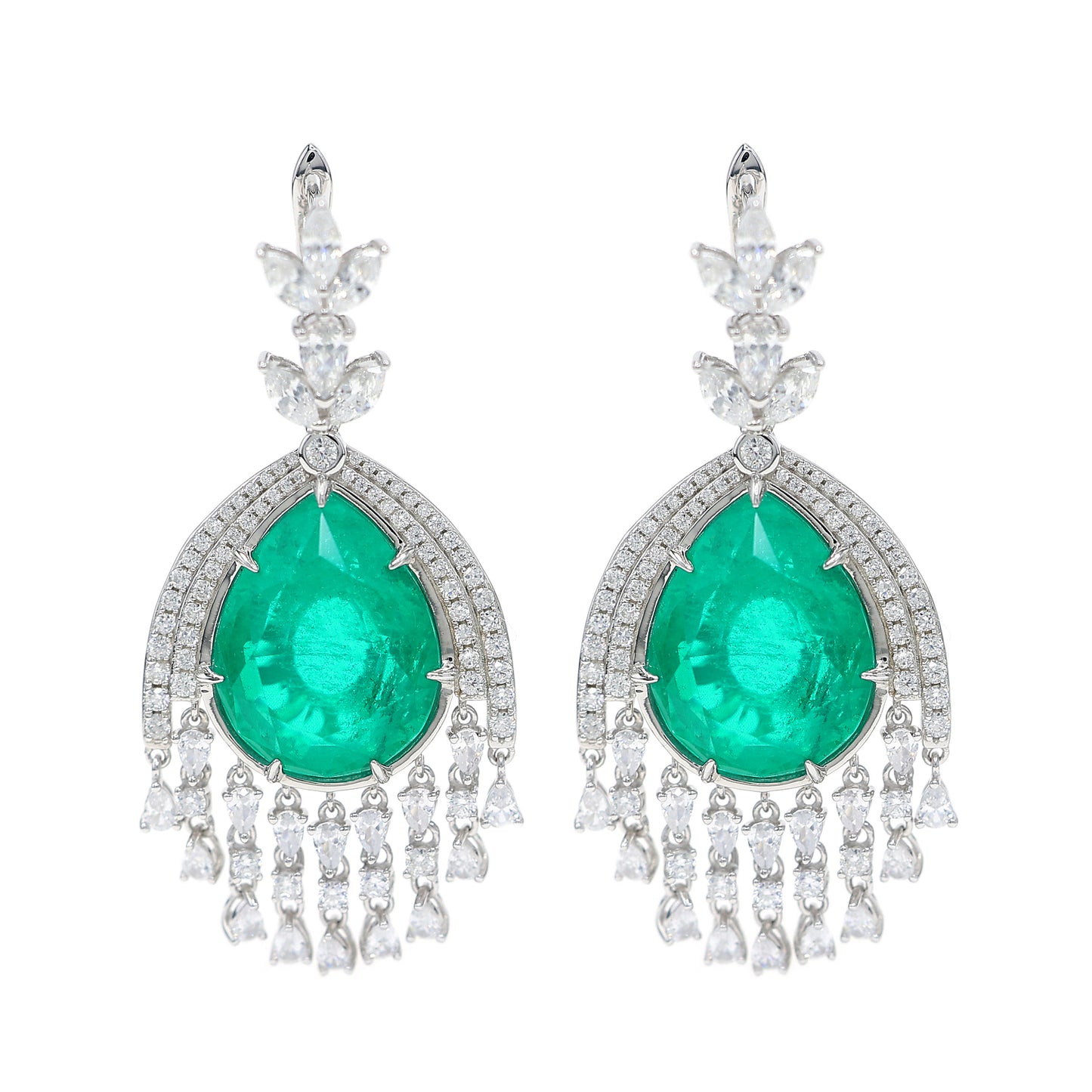 Micro-setting emerald color fancy waterdrop earrings, sterling silver