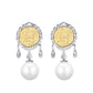 Micro-setting two-sided ancient coin White shell pearl grain earrings, sterling silver.