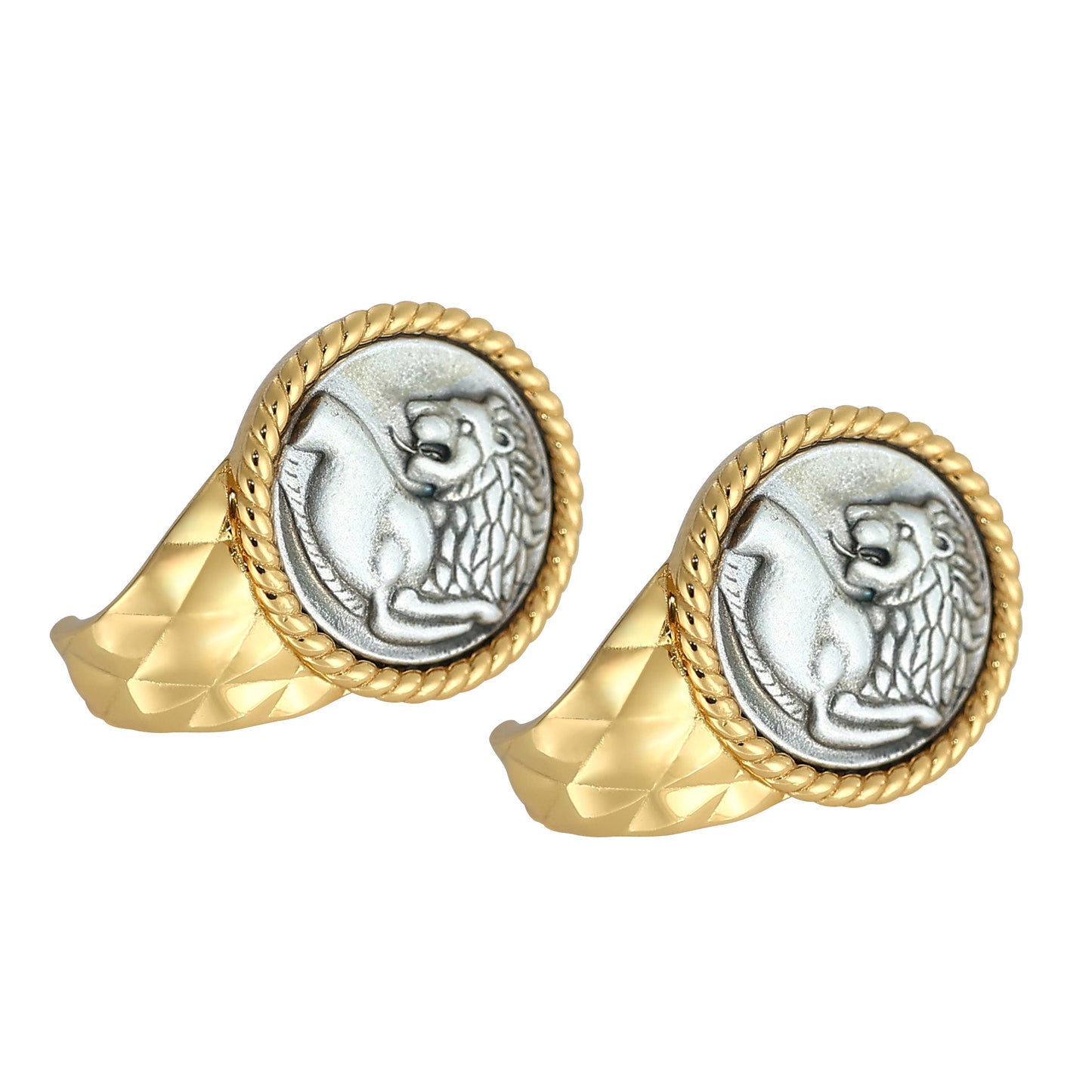 Micro-setting two-sided ancient coin Look back Lion earrings, sterling silver