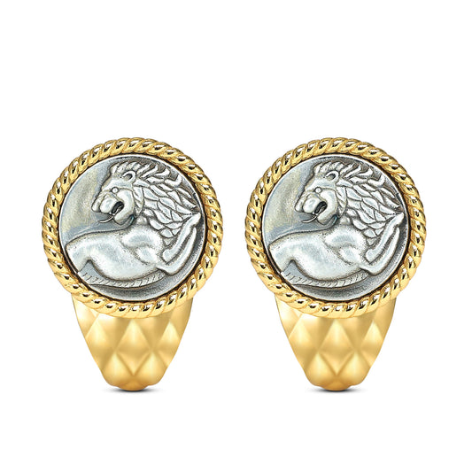 Micro-setting two-sided ancient coin Look back Lion earrings, sterling silver