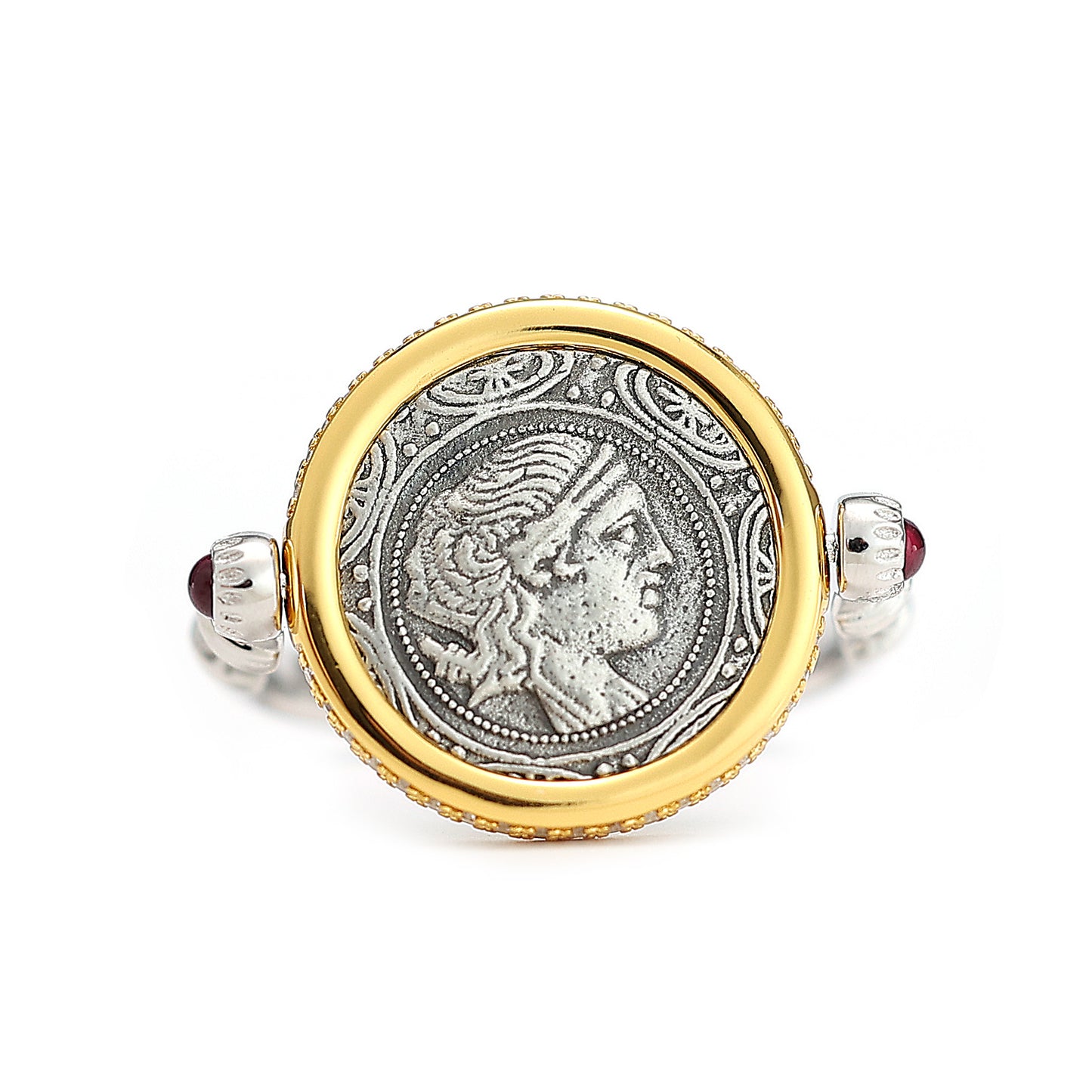 Mikrogefasste zweiseitige antike Münze Lab erstellte Steine ​​​​Göttin des Mondes Artemis Drehring, Sterlingsilber