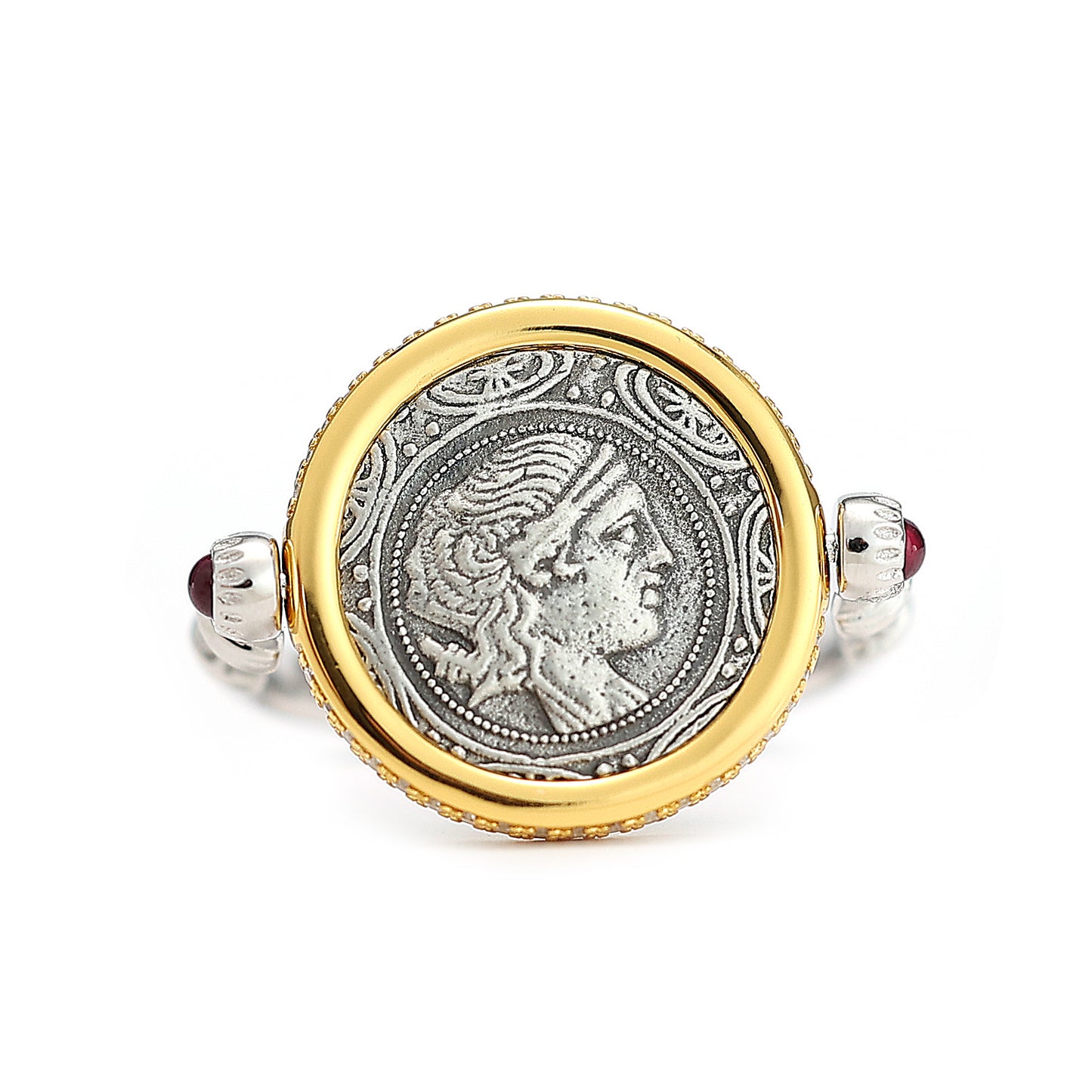 Pièce antique recto-verso micro-sertie Pierres créées par le laboratoire Déesse de la lune Artémis bague rotative, argent sterling