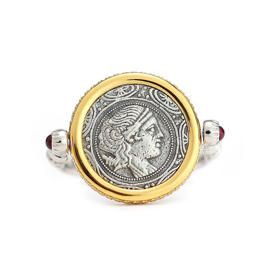 Micro-setting two-sided ancient coin Lab created stones Goddess of the Moon Artemis rotate ring, sterling silver