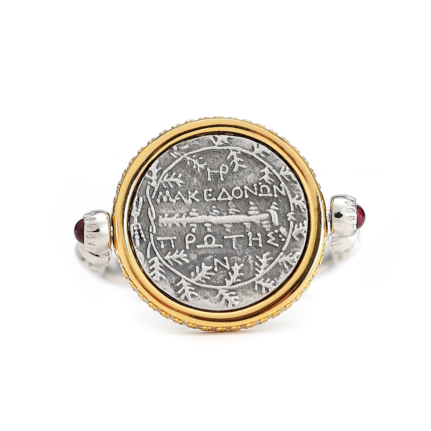 Micro-setting two-sided ancient coin Lab created stones Goddess of the Moon Artemis rotate ring, sterling silver