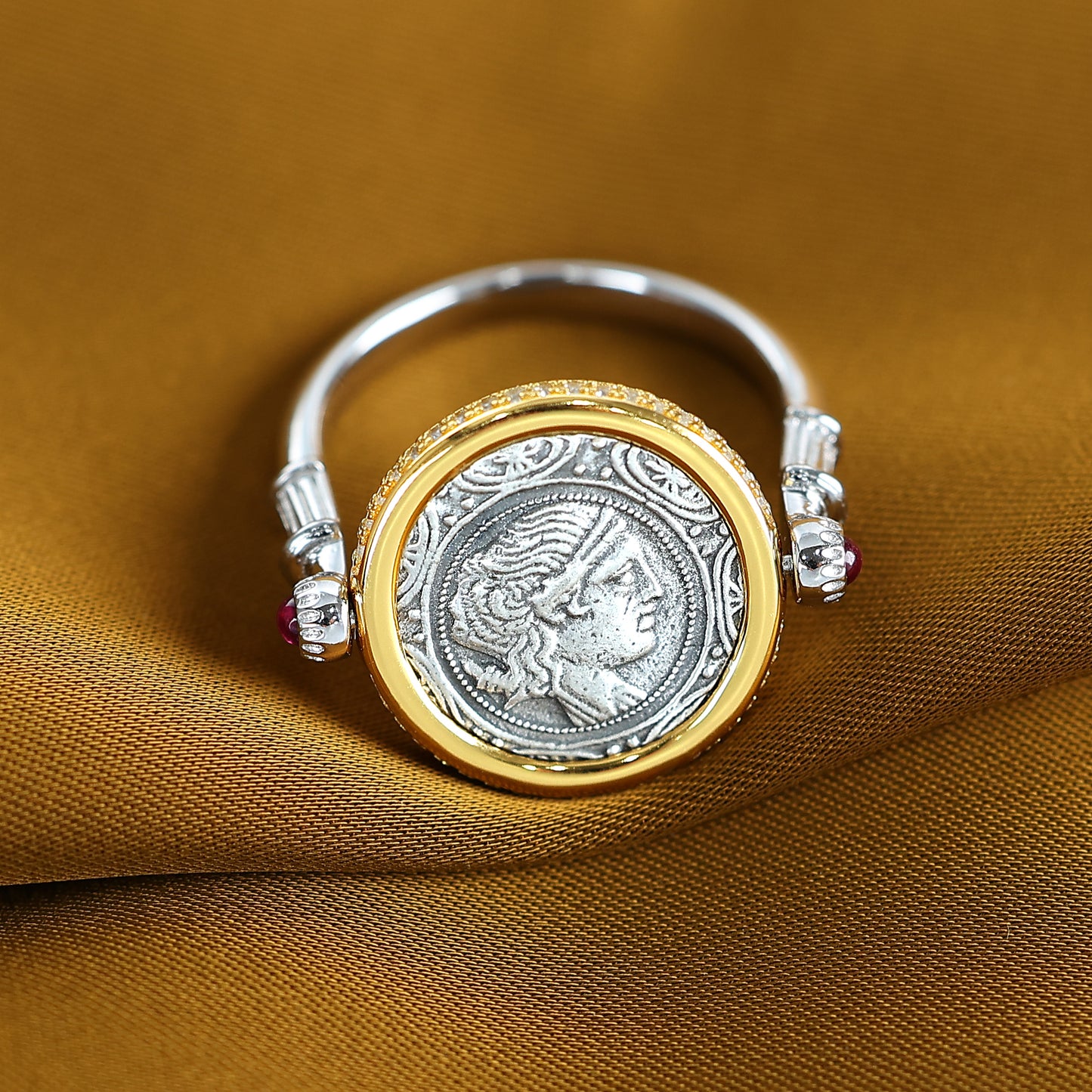 Micro-setting two-sided ancient coin Lab created stones Goddess of the Moon Artemis rotate ring, sterling silver