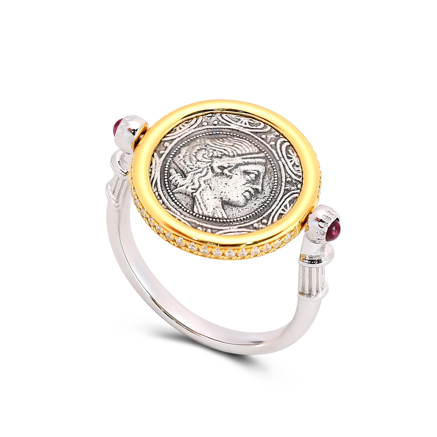 Micro-setting two-sided ancient coin Lab created stones Goddess of the Moon Artemis rotate ring, sterling silver