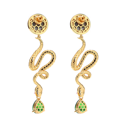 Micro-setting green teardrop Lab created stones ancient coins Snake earrings, sterling silver