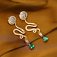 Micro-setting green teardrop Lab created stones ancient coins Snake earrings, sterling silver