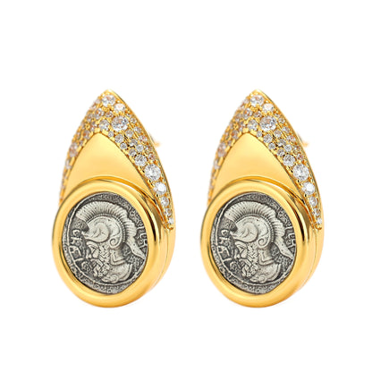 Micro-setting two-sided ancient coin God of war Ares earrings, sterling silver