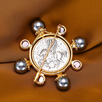 Multipurpose Micro-setting Ruby color Lab created stones two-sided ancient coins rotate Athena pendant and brooch, sterling silver