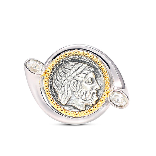 Micro-setting two-sided ancient coin the king of the gods Zeus ring, sterling silver