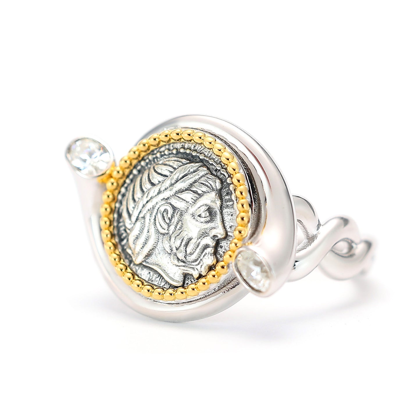 Pièce antique recto-verso sertie la bague roi des dieux Zeus, argent sterling