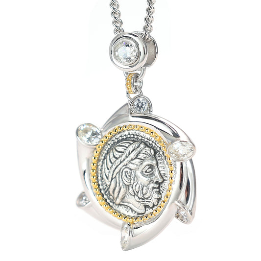 Pièce antique micro-sertie recto-verso le roi des dieux Zeus pendentif, argent sterling.