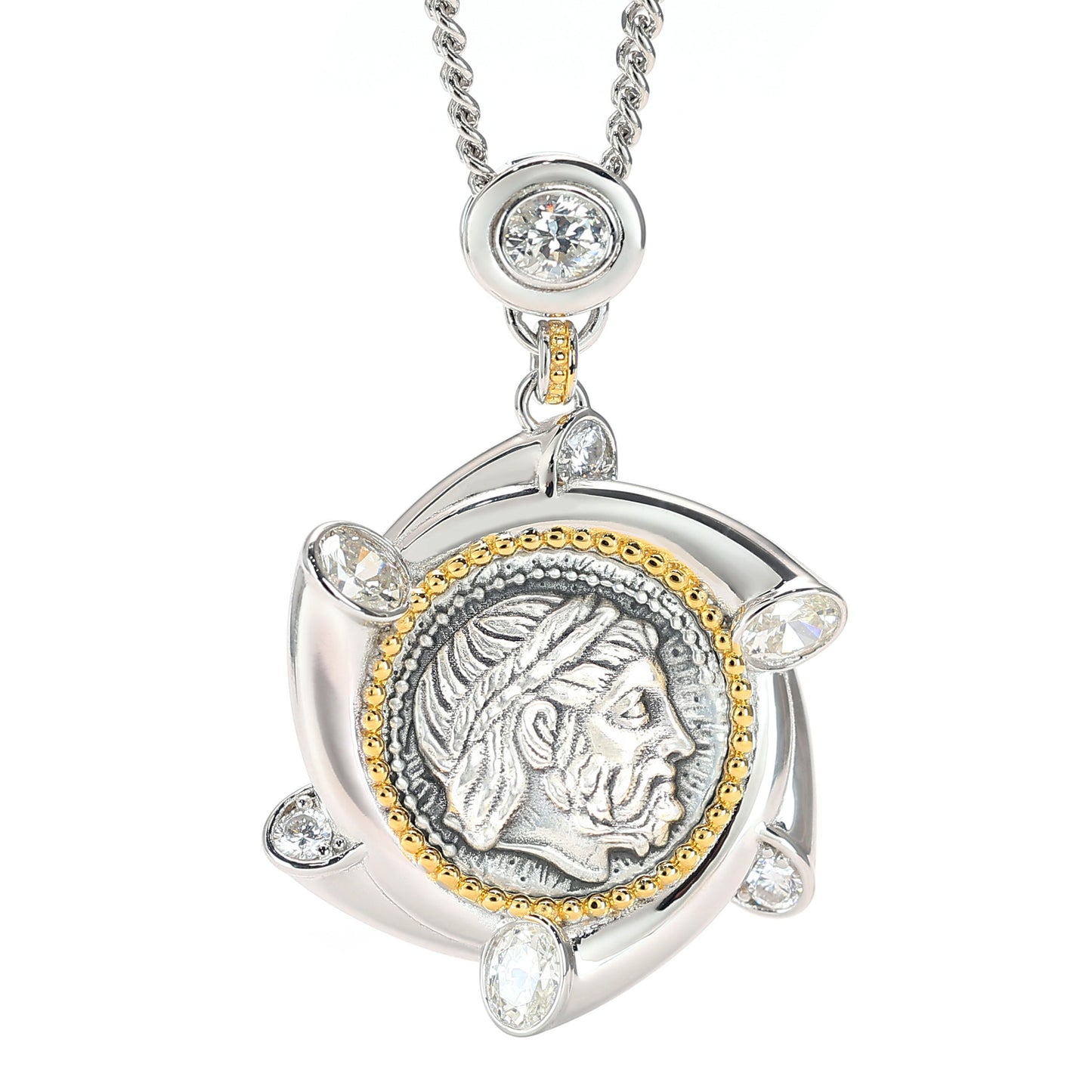 Pièce antique micro-sertie recto-verso le roi des dieux Zeus pendentif, argent sterling.