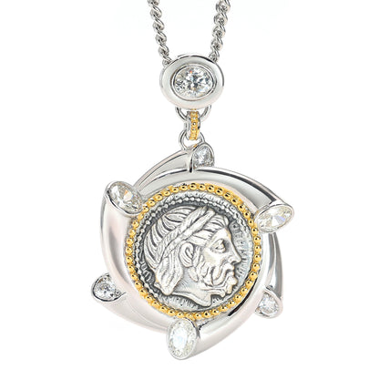 Pièce antique micro-sertie recto-verso le roi des dieux Zeus pendentif, argent sterling.