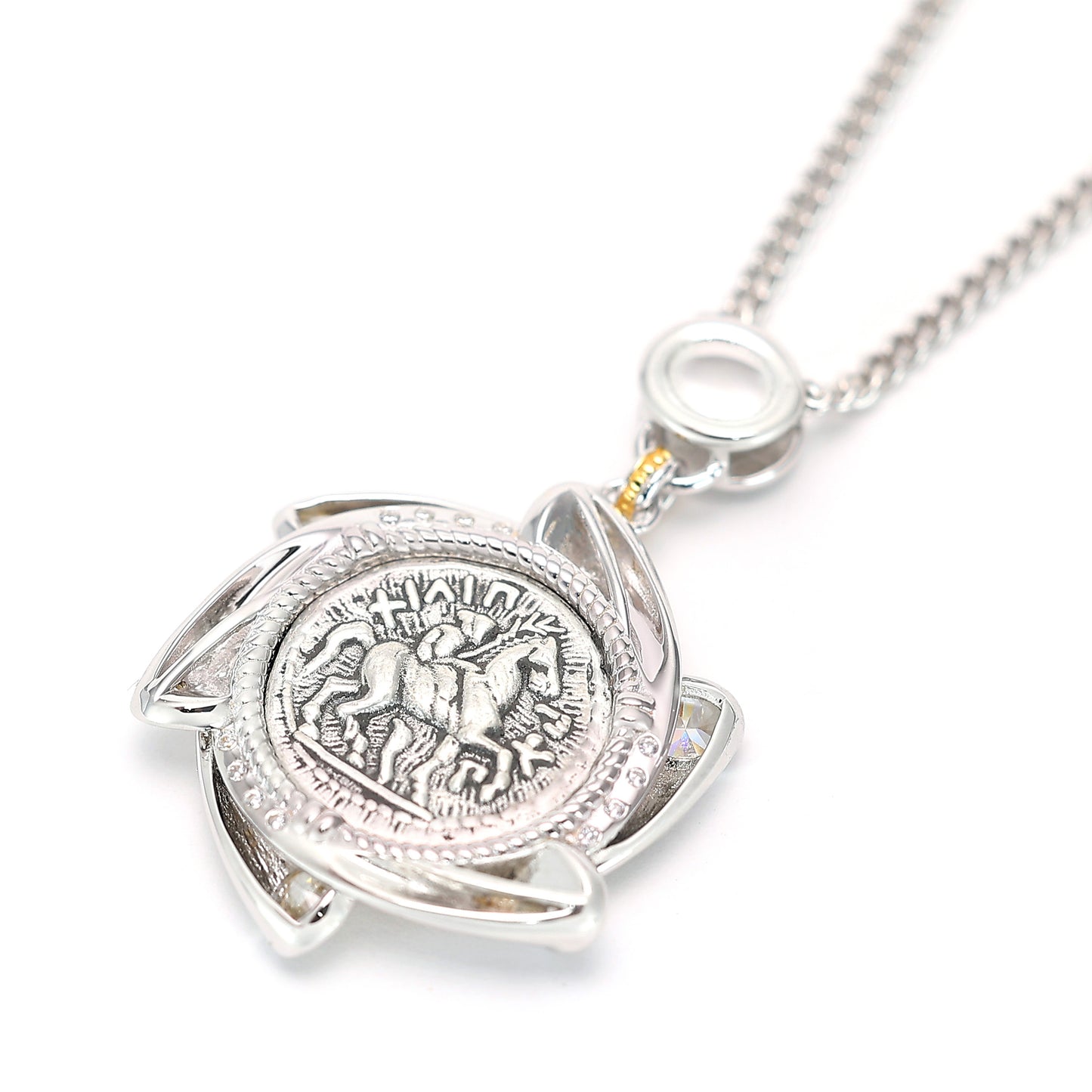 Pièce antique micro-sertie recto-verso le roi des dieux Zeus pendentif, argent sterling.