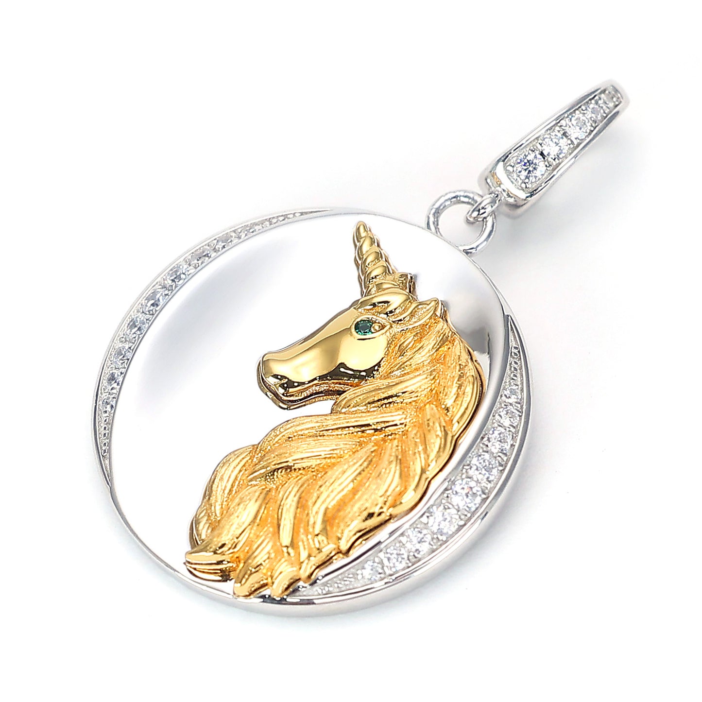 Micro-setting ancient coins selection Lab created stones The unicorn pendant, sterling silver. Double platting.