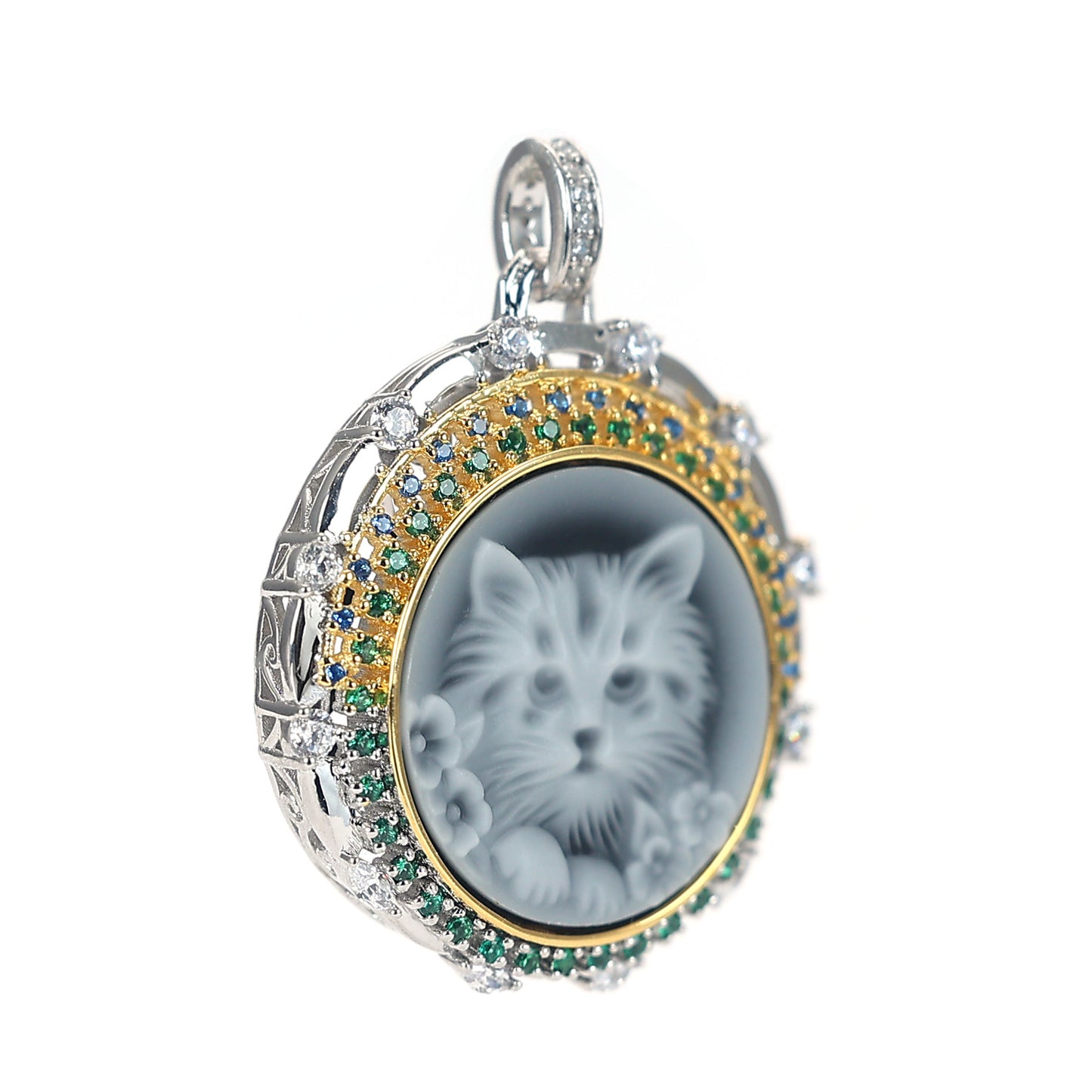 Micro-setting mixed color Lab created stones Fancy detailed Cameo Cat pendant, sterling silver