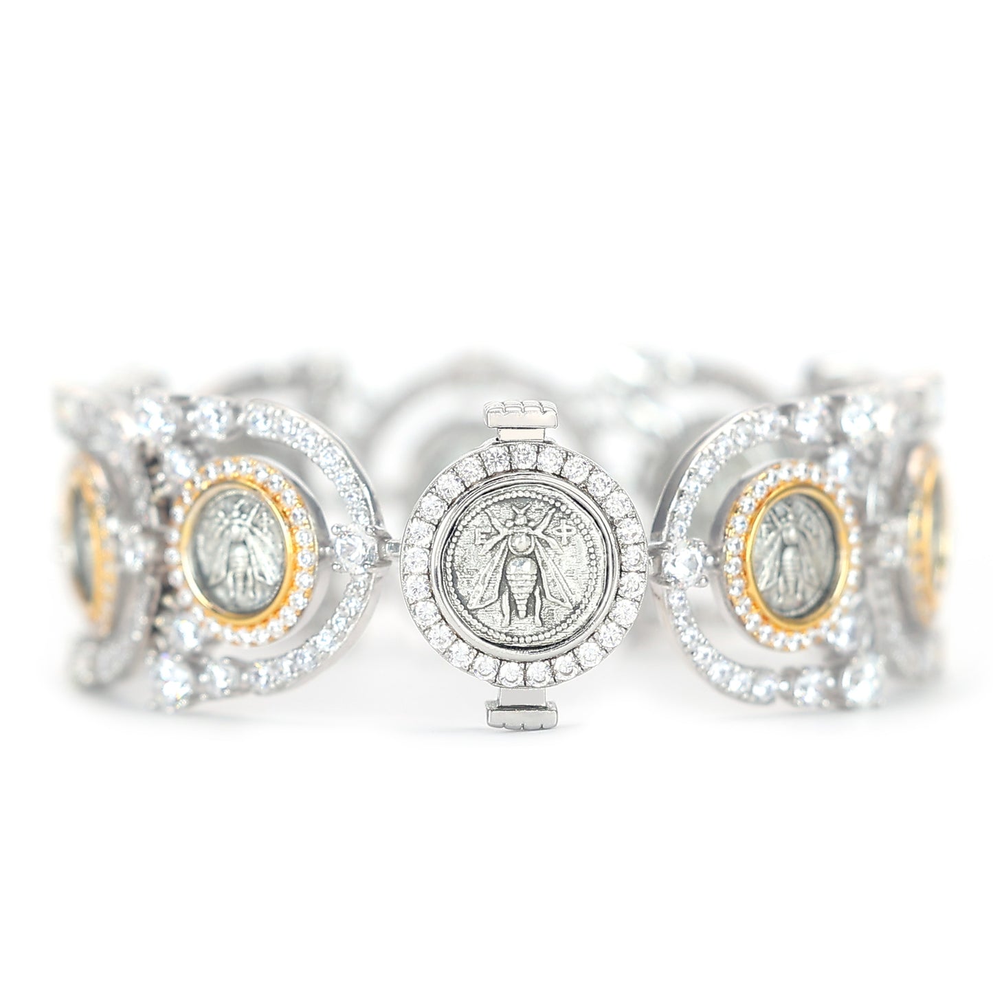 Micro-setting Lab created stones two-sided ancient coins The Bee Ares bracelet, sterling silver. Double platting